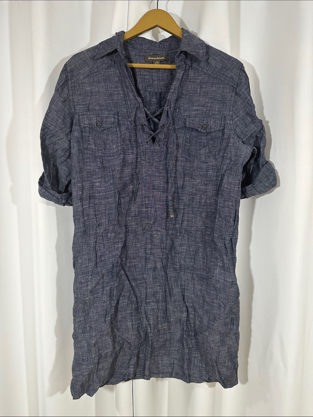 Tommy Bahama Blue Linen Tunic Dress Sz L Lace Up Roll Tab Sleeve Beach Cover Up